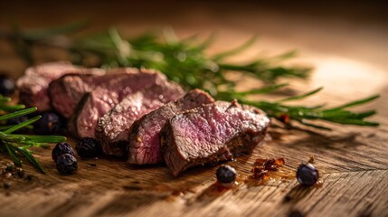 Rustic venison steak close up aromatic herbs rosemary juniper berries warm earthy tones food photography