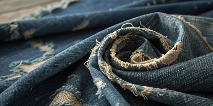 Rolled Distressed Denim Close-up Texture, Spiral Composition, Worn Fabric, Fashion denim texture, distressed jeans