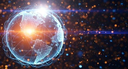 Digital glowing earth with bright light and bokeh effects in outer space
