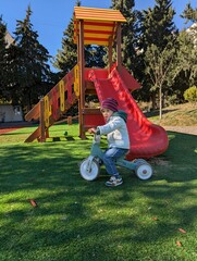 Happy toddler on a balance bike exploring a colorful playground on a crisp autumn day.

