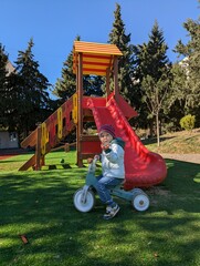A young child riding a blue balance bike on a vibrant playground during a sunny autumn day.


