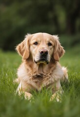 A lovely golden retriever on green grass