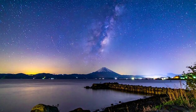 A serene lake reflects the twinkling Milky Way, with a prominent mountain in the distance. City lights softly illuminate the scene