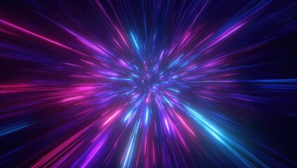 A dynamic burst of pink, blue, and purple neon light rays radiating outwards, abstract