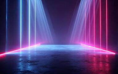 Abstract dark room with vibrant blue and pink neon lights, concrete floor, spotlights