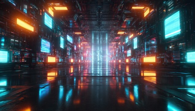 Futuristic digital tunnel with glowing screens and vibrant cyber lights, abstract network