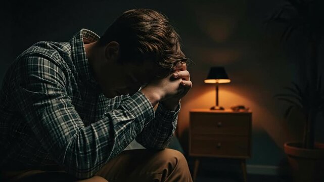 A man in despair, symbolizing loneliness and mental health issues in a dimly lit room