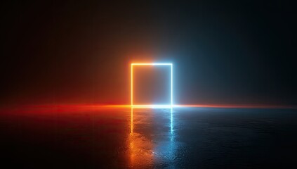 Vibrant neon portal, half orange, half blue, illuminating a dark, wet surface