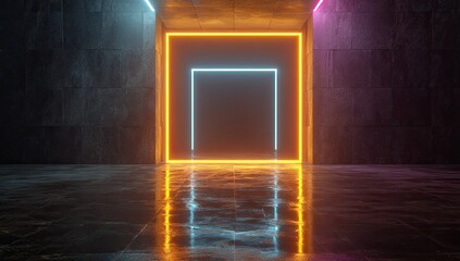 Dark room with concrete walls and floor, illuminated by vibrant neon square frames