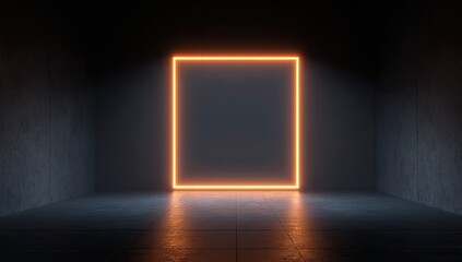 Abstract dark concrete room with a bright orange neon glowing square portal or frame