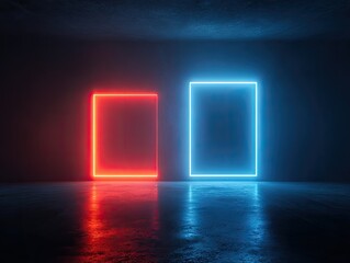 Two vibrant neon rectangles, red and blue, illuminate a dark concrete futuristic room