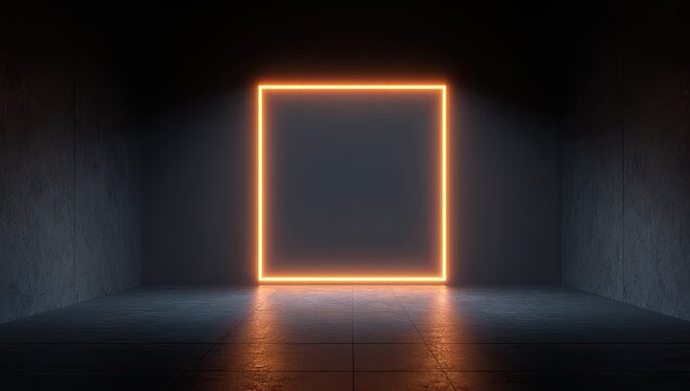 Abstract dark concrete room with a bright orange neon glowing square portal or frame