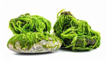 Green Algae and Sea Stone Isolated on White Background Representing Marine Biotic and Abiotik Life Concept