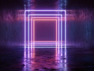 Abstract dark room with a tunnel of receding glowing neon squares, reflecting on dark floor