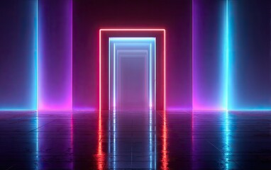 Vibrant neon light frames creating an abstract tunnel effect with reflections
