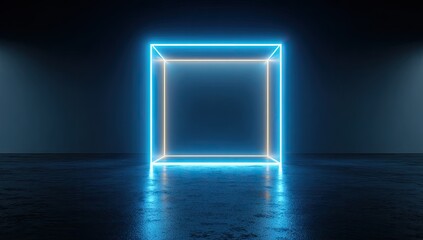 A futuristic glowing neon cube, blue and orange, in a dark, reflective concrete room