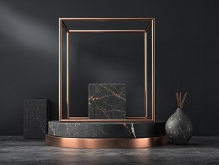 Luxury dark product display with marble and copper elements, modern studio setup