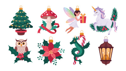 Christmas Ornaments Collection: A whimsical assortment of holiday ornaments, including a fairy, a unicorn, a Christmas tree, an owl and other festive elements.