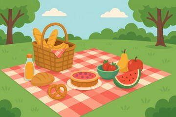 Vibrant summer picnic spread with fresh fruits and baked goods outdoors