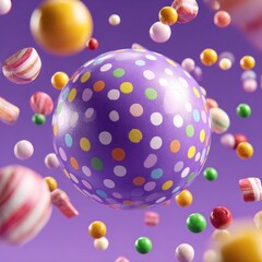 Colorful candies and spheres, including a large polka-dotted one, float in a vibrant scene