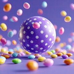 Vibrant scene of a floating spotted sphere surrounded by colorful candies on purple