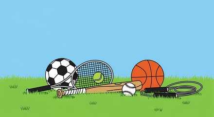 Get active with diverse sports equipment on green grass under blue sky