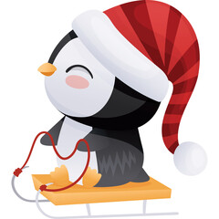 Adorable Penguin Character Wearing A Red Santa Hat Riding A Wooden Sled With Red Handles And A Transparent Background