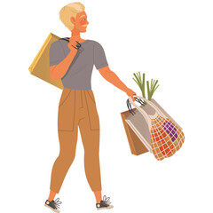 Blonde Haired Person Carries Shopping Bags Full of Groceries And Produce Walking Away From Camera With A Smiling Face and Grey Shirt and Khaki Pants