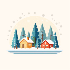 Charming winter village scene with cozy houses nestled among snow-covered pine trees, perfect for holiday greetings and winter promotions with festive charm