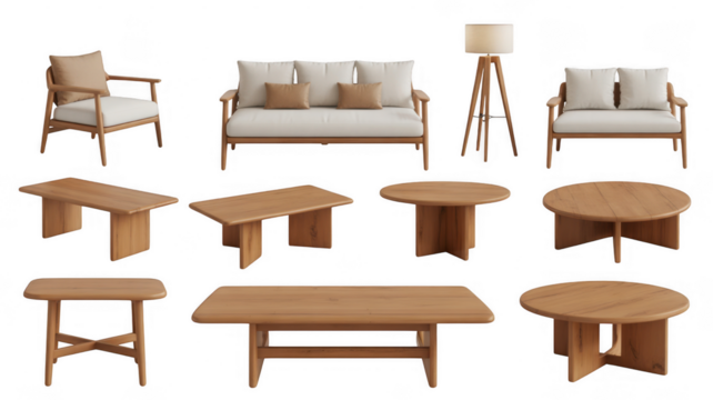 Wooden furniture collection with cushions isolated on a transparent background