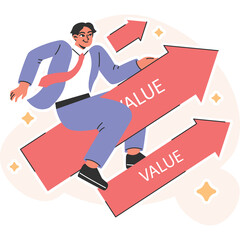 Business Man Climbing Red Arrows Showing Growth and Value with Transparent Background and Sparkles