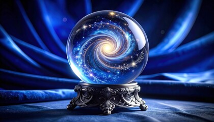 Magic Crystal Ball with Galaxy and Cosmic Swirl on Blue Drape