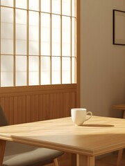 Japanese Minimalist Café Interior with Warm Wood and Soft Sunlight