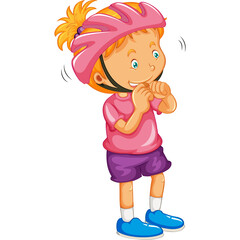 Cartoon girl with blonde hair and blue eyes wearing a pink helmet and shirt with purple shorts and blue shoes standing against a white background