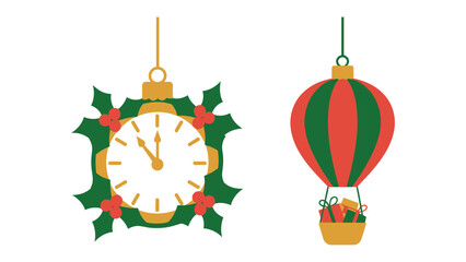 Festive Timekeepers and Holiday Flight: Holiday ornaments of a clock and a hot air balloon, evoking the joyful spirit of holiday seasons with a touch of whimsy and anticipation.