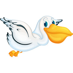 Cartoon Pelican Bird With Yellow Beak and Orange Feet Flying With Blue Eyes and White Feathers In A Transparent Background