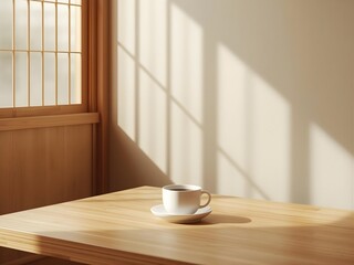 Japanese Minimalist Café Interior with Warm Wood and Soft Sunlight