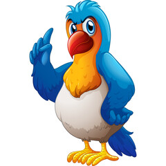 Cartoon Parrot Bird With Blue Feathers Yellow Chest and Red Beak Gesturing With One Wing Raised in a Confrontational Pose Isolated on White Background