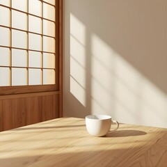 Japanese Minimalist Café Interior with Warm Wood and Soft Sunlight