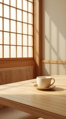 Japanese Minimalist Café Interior with Warm Wood and Soft Sunlight