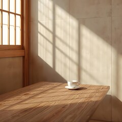 Japanese Minimalist Café Interior with Warm Wood and Soft Sunlight