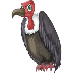 Cartoon Vulture Bird Standing With Red Neck And Green Eyes Detailed Feathers Isolated On White Background