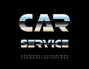 Vector Steel icon Car Service. Stainless Steel Font. Trendy Futuristic Silver Alphabet Letters and Numbers set.