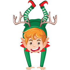 Cheerful Cartoon Elf With Antlers Wearing Green Festive Outfit And Red Trim Doing A Handstand In A White Background With Transparent Background