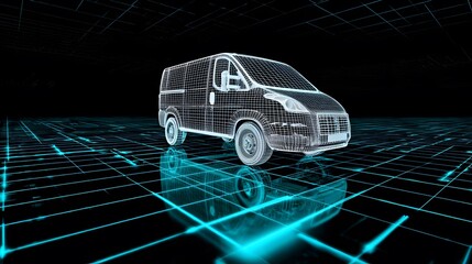 Futuristic cargo van design prototype rotates within a digital workspace visualization