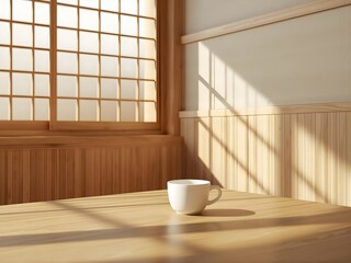 Japanese Minimalist Café Interior with Warm Wood and Soft Sunlight