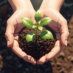 Caring hands cradle new plant growth, symbolizing hope and future