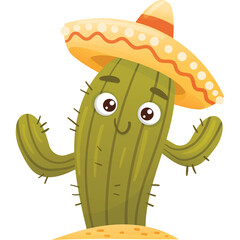 A Cheerful Cartoon Cactus Wearing a Sombrero Hat and Standing in Sand with a Transparent Background