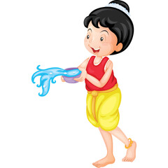 A Cheerful Young Girl With Black Hair Wearing A Red Tank Top And Yellow Sarong Skirt Splashing Water From A Bowl In A White Background