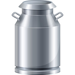 A Gleaming Silver Metal Milk Churn Container With Two Handles and a Lid On A Transparent Background With Subtle Reflections Indicating A Clean Shiny Surface